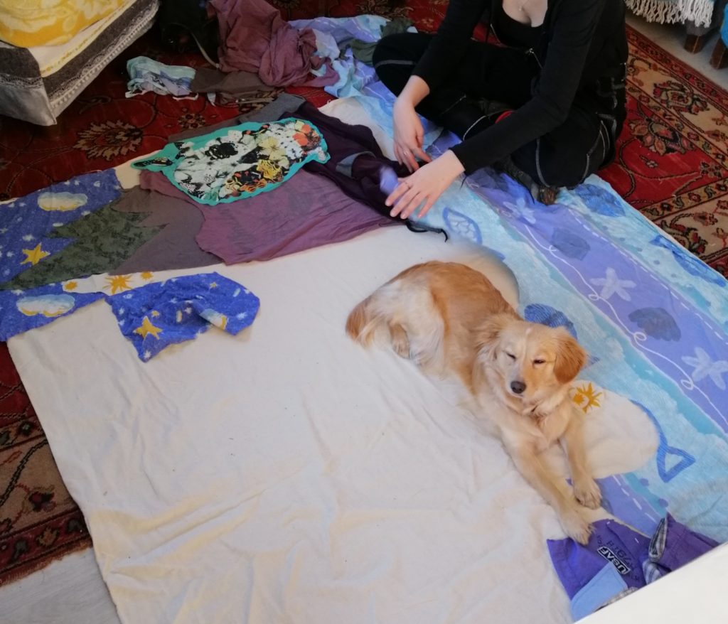 meisje en hond op kleed